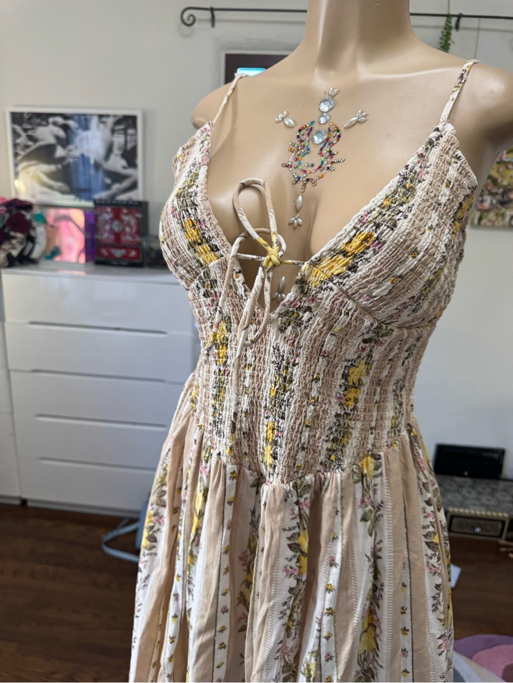 Floral Smocked Bodice Spaghetti-Strap Maxi Dress in Beige and Yellow size M - Picture 2 of 11